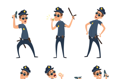 Policemen in different action poses. Security mens in cartoon style