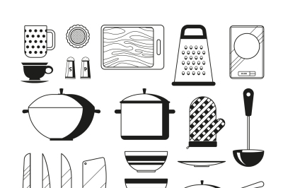 Monochrome illustrations of kitchen tools. Vector silhoette of restaur