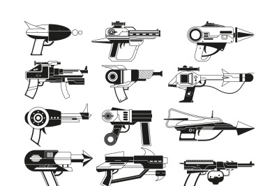 Monochrome illustrations of futuristic weapons for astronauts