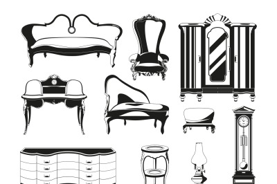 Monochrome illustrations of vintage furniture for living room