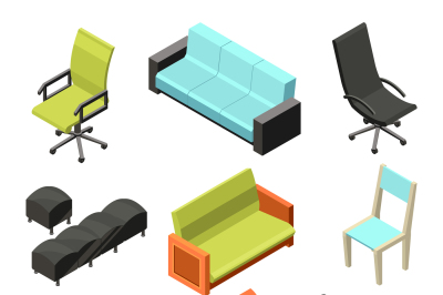 Different office chairs. Isometric illustrations