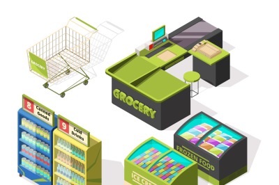 Isometric constructions for supermarket or warehouse. Shopping cart, t