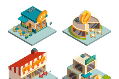 City cafe buildings. Isometric pictures