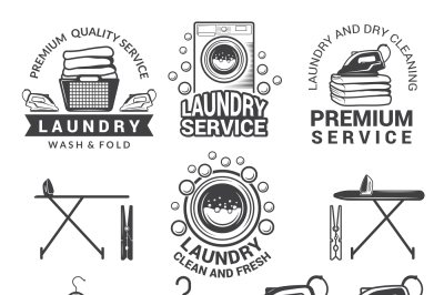 Monochrome labels of laundry service. Illustrations of washing machine