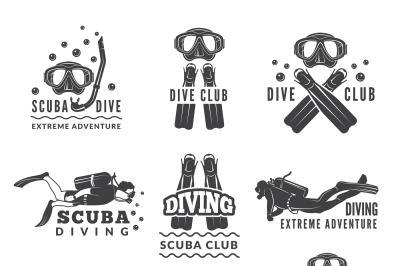 Labels or logos for diving club. Vector pictures set of divers and dif