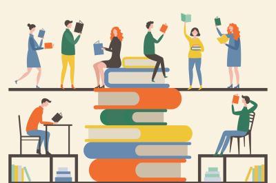 Concept picture with mascots male and female which reading books in li