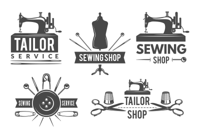 Vintage monochrome pictures and labels for tailor shop. Logos for text