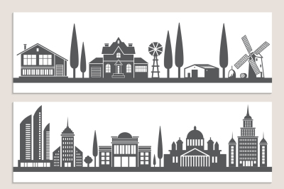 Set of horizontal banners with monochrome illustrations of urban lands