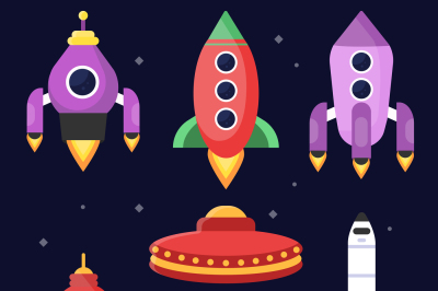 Rockets and space shuttles. Vector illustrations in flat style