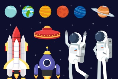 Set of planets, space shuttles and astronauts in flat style