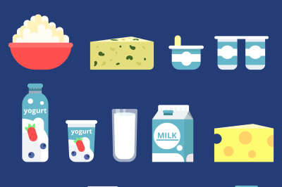 Illustrations of different milk products in flat style