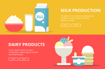 Horizontal banners with pictures of dairy milk products. Template with