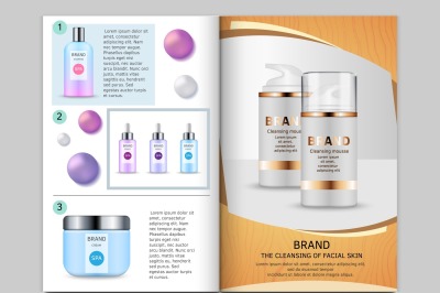 Design template of magazine. Vector pictures of cosmetics bottles and 