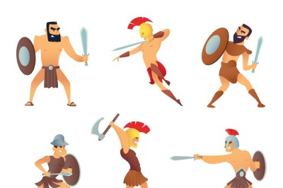 Gladiators holding swords. Fighting characters in action poses