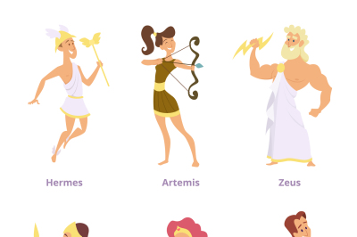 Greek ancient gods. Set of cartoon characters male and female