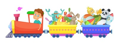 Childrens toys in train. Vector cartoon illustrations isolate on white