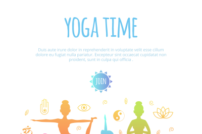 Fitness illustrations with different people making yoga practice