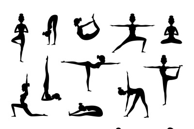 Silhouette of female wich making yoga. Vector collection of sport pict