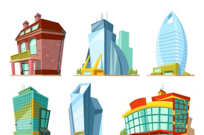 Set of different modern buildings in cartoon style