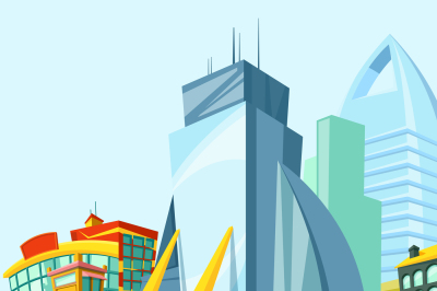 Cartoon urban landscape with modern buildings