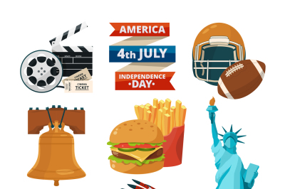 Culture objects of americans usa. Vector illustrations in cartoon styl