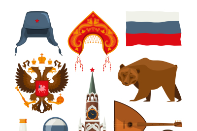 Set of different traditional national symbols of russia moscow