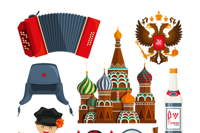 Russian landmarks and different traditional symbols