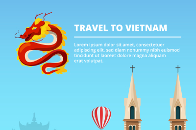 Illustration of urban landscape with Vietnam landmarks and symbols