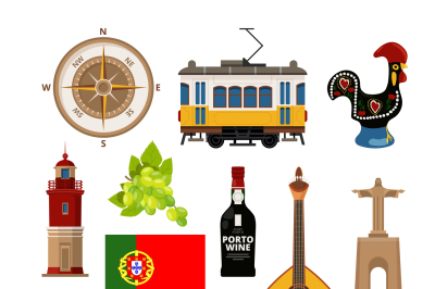 Historical symbols of Portugal Lissabon. Vector icon set in flat style