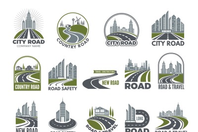 Monochrome big set of logotypes template with asphalt roads, expresswa