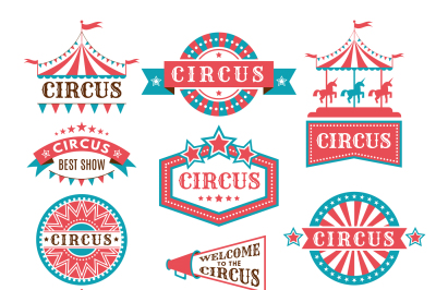 Old badges and labels for carnival and circus show invitation. Monochr