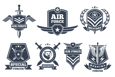 Military logos and badges. Army symbols isolated on white background