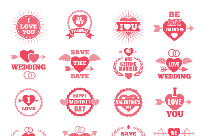 Love symbols for wedding day. Monochrome badges