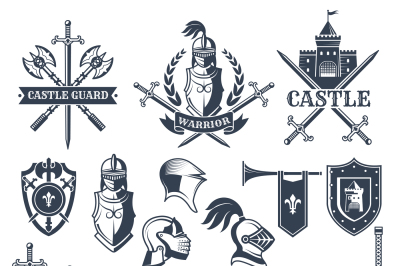 Monochrome pictures and badges of medieval knight theme. Illustrations