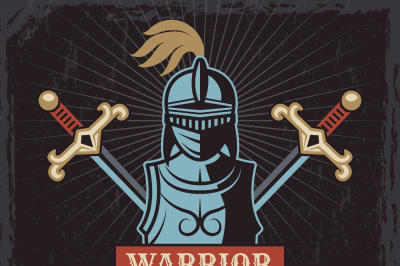 Poster with illustrations of medieval warrior helmet and swords