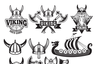 Medieval warriors and his weapons. Labels with vikings. Set isolate on