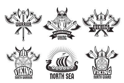 Sports and battle badges and labels with vikings and barbarian warrior