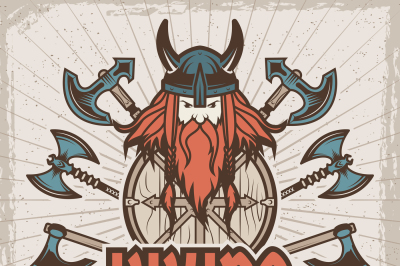 Poster with barbarian warrior with weapons. Template with place for yo