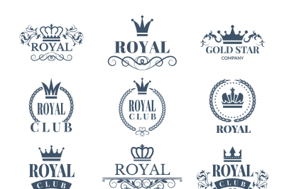 Set of luxury labels set with crowns. Royal logos and badges with plac