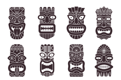 Monochrome vector illustrations set of tribal god tiki