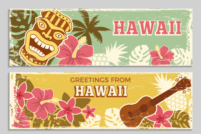 Horizontal banners set with illustrations of hawaiian tribal gods and 