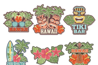 Different colored stickers and badges set with symbols of hawaiian cul