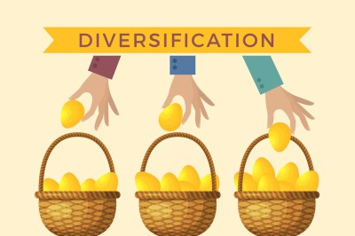 Business concept illustrations of diversification. Golden eggs in diff