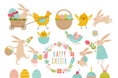 Vintage elements set of easter theme. Rabbits, eggs, ribbons and other