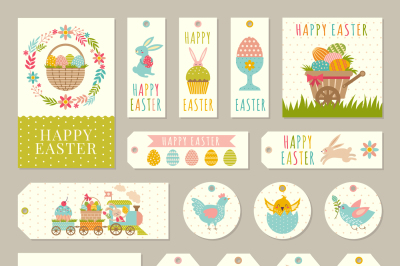 Labels, tags with illustrations of easter theme with rabbits, plants a