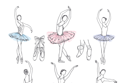 Artistic hand drawn pictures set of theatre theme. Ballerinas dancing