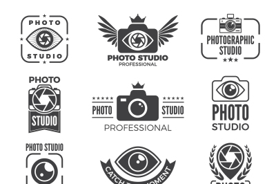 Retro pictures and logos for photo studios. Monochrome vector logotype