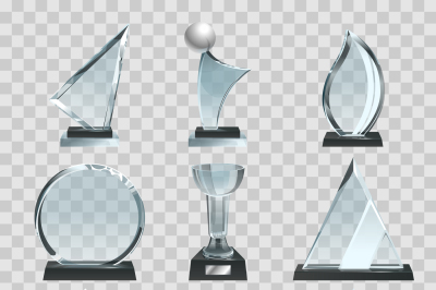 Glossy transparent trophies, awards and winner cups. Vector illustrati