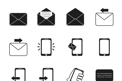 Business icon set of communication symbols. Phone, message bubbles, em