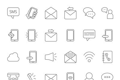 Mono line icon set of business theme. Symbols of communication